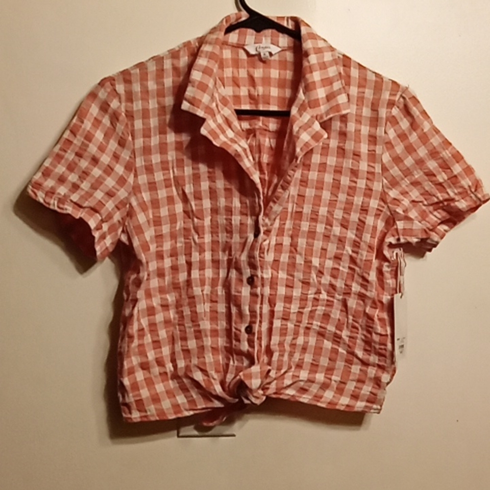 NWT ✨ Candie's Pink & White Gingham Short Sleeve Button Down Crop Top